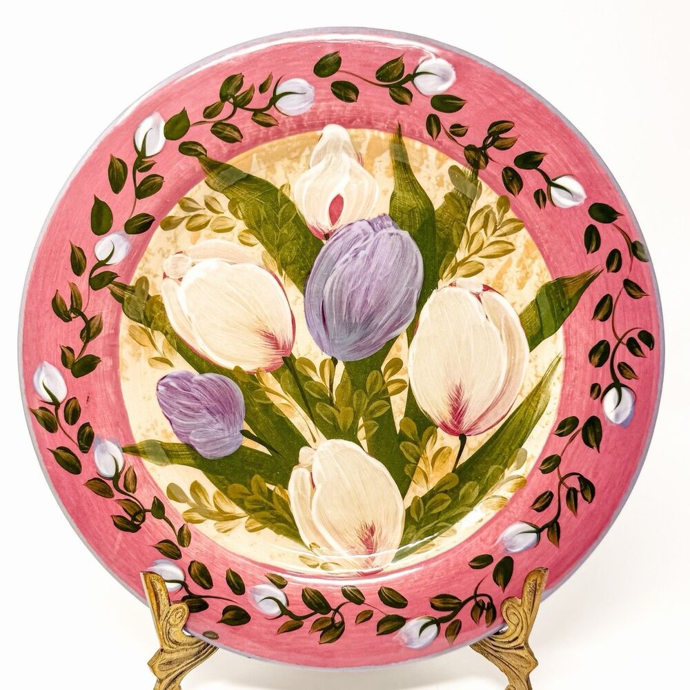 Lesal Home Hand Painted Floral Ceramic Plate Signed California 11” Tulip Decor